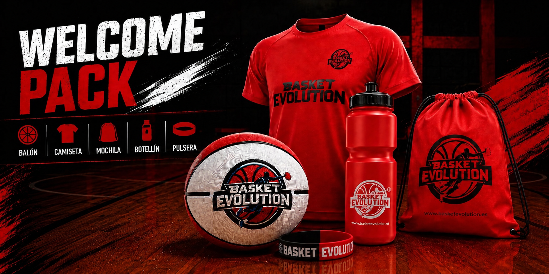 Welcome pack de Basket Evolution con balón, camiseta, botellín, mochila y pulsera